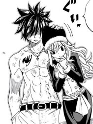  1boy 1girl abs chest_tattoo fairy_tail gray_fullbuster hand_on_another&#039;s_head hat jewelry juvia_lockser long_hair mashima_hiro muscular muscular_male necklace official_art scar scar_on_abs scar_on_stomach tagme tattoo tattoo_on_chest topless topless_male 