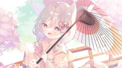  1girl :d animal_ears bow braid brown_hair commentary_request commission floral_print hair_between_eyes hair_bow hair_ornament hair_over_shoulder hairclip holding holding_umbrella japanese_clothes kimono long_hair long_sleeves looking_at_viewer low_twintails obi oil-paper_umbrella open_mouth original petals pink_bow pink_kimono print_kimono purple_eyes sash skeb_commission smile solo star-shaped_pupils star_(symbol) symbol-shaped_pupils twin_braids twintails umbrella wide_sleeves yuizaki_kazuya 