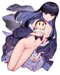  1girl azami_(tsugumomo) black_hair character_doll cleft_of_venus commentary_request flat_chest frown hamada_yoshikazu highres japanese_clothes kagami_kazuya kimono loli long_hair looking_at_viewer navel nipples open_clothes open_kimono pointy_ears purple_eyes pussy simple_background solo third-party_edit tsugumomo uncensored white_background  rating:Explicit score:126 user:schwarz-wohlf