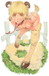 1girl animal_ears bell blonde_hair collar covering_breasts covering_privates cowbell earrings embarrassed faux_figurine figure_stage hooves horns jewelry jingle_bell kichin_yarou leaning_forward leash neck_bell no_lineart original pink_eyes shaved_body sheep solo zodiac rating:Sensitive score:25 user:danbooru