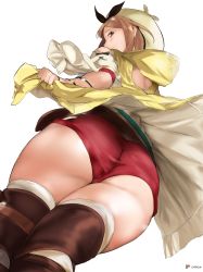 1girl ass atelier_(series) atelier_ryza atelier_ryza_1 bare_shoulders blush boots brown_eyes brown_hair cafekun clothing_cutout come_hither from_behind from_below hair_ornament hairclip hat highres looking_at_viewer looking_back looking_down red_shorts reisalin_stout shiny_skin short_hair short_shorts shorts shoulder_cutout smile solo thigh_boots thighhighs thighs rating:Questionable score:51 user:armorcrystal