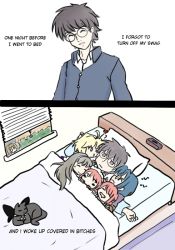  1boy 6+girls ^_^ bed bedroom cat character_request closed_eyes comic copyright_request english_text glasses indoors multiple_girls simple_background tagme white_background window  rating:Questionable score:4 user:Vodkapunk