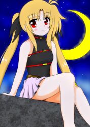  1girl bare_shoulders blonde_hair blush blush_stickers closed_mouth dot_nose fate_testarossa highres kyoukokana leg_up long_hair lyrical_nanoha magical_girl mahou_shoujo_lyrical_nanoha moon night outdoors red_eyes sitting smile star_(sky) thighs twintails very_long_hair 