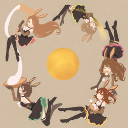  5girls :d absurdres ahoge animal_ears arched_back ascot bare_shoulders basket black_dress black_footwear black_gloves blue_eyes boots bowl breasts brown_background brown_eyes brown_gloves brown_hair brown_pantyhose cheek_bulge chest_harness closed_eyes commentary_request double-parted_bangs dress elbow_gloves extra_ears floating floating_clothes floating_hair food full_body gloves green_eyes hair_between_eyes hair_bun harness high_heel_boots high_heels highres holding holding_basket holding_bowl holding_mallet holding_plant idolmaster idolmaster_million_live! idolmaster_million_live!_theater_days kasuga_mirai kine long_hair looking_at_another mallet matching_outfits medium_breasts medium_hair minase_iori miyao_miya mochi mochi_trail mortar_(bowl) multiple_girls one_side_up open_mouth pantyhose petticoat plant rabbit_ears raised_eyebrows red_eyes rice rice_(plant) sakuramori_kaori sidelocks single_hair_bun single_leg_pantyhose sleeveless sleeveless_dress small_breasts smile straight_hair suou_momoko swept_bangs tanupon thigh_boots thigh_strap very_long_hair wavy_hair white_ascot 
