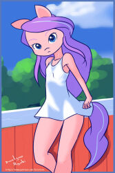 1girl animal_ears blue_eyes breasts cloud collarbone colored_skin diamond_tiara drantyno dress hasbro highres horse_ears horse_girl horse_tail long_hair looking_at_viewer multicolored_hair my_little_pony my_little_pony:_equestria_girls my_little_pony:_friendship_is_magic pink_skin purple_hair sky sleeveless sleeveless_dress small_breasts standing streaked_hair tail tree white_dress