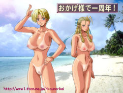  1990s_(style) 2girls antenna_hair beach bikini_tan blonde_hair blue_eyes bow breasts capcom completely_nude crossover day earrings female_pubic_hair hair_bow hair_slicked_back jewelry kanzuki_karin king_(snk) large_breasts long_hair multiple_girls navel nipples nude ocean pubic_hair pussy retro_artstyle ringlets ryuuko_no_ken short_hair snk street_fighter street_fighter_zero_(series) tan tanline the_king_of_fighters uncensored  rating:Explicit score:32 user:danbooru
