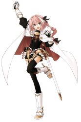  1boy absurdres arm_up armor armored_skirt astolfo_(fate) black_bow black_thighhighs boots bow braid cape cape_hold cross emblem fang fate/apocrypha fate/grand_order fate_(series) fur-trimmed_cape fur_trim garter_straps gauntlets hair_between_eyes hair_bow highres horn_(instrument) jewelry konoe_ototsugu leg_up long_hair male_focus multicolored_hair pink_hair purple_eyes scabbard sheath simple_background single_braid solo standing standing_on_one_leg streaked_hair sword thighhighs transparent_background trap two-sided_cape two-sided_fabric weapon white_cape white_footwear white_fur white_hair zettai_ryouiki 