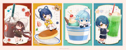 2boys 2girls absurdres alternate_costume black_shirt black_shorts blue_eyes blue_hair blueberry blush boo_tao_(genshin_impact) braid brown_hair brown_jacket brown_shorts cherry chibi chocolate chongyun_(genshin_impact) closed_mouth cup disposable_cup drinking_straw earrings flower flower-shaped_pupils food fruit fukaya_miku genshin_impact glass guoba_(genshin_impact) hair_between_eyes hair_ornament hair_rings hairclip hat highres holding holding_cup hood hoodie hu_tao_(galaxy_store)_(genshin_impact) hu_tao_(genshin_impact) ice_cream jacket jewelry juice long_hair long_sleeves looking_at_viewer multicolored_hair multiple_boys multiple_girls one_eye_closed open_mouth pancake plate red_eyes red_hair shirt shoes short_hair shorts simple_background single_earring smile strawberry sweater symbol-shaped_pupils teeth twintails white_hat white_hoodie x_hair_ornament xiangling_(genshin_impact) xingqiu_(genshin_impact) yellow_eyes yellow_sweater