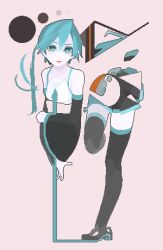  1girl abstract aqua_hair bad_id bad_pixiv_id bare_shoulders blue_eyes blue_hair full_body hatsune_miku long_hair looking_at_viewer lowres sentakki shirt simple_background skirt sleeveless solo solo_focus standing standing_on_one_leg thighhighs twintails very_long_hair vocaloid 