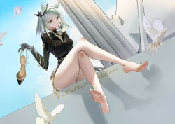  1girl absurdres ambience_synesthesia animal_ears arknights bare_legs bird black_shirt black_skirt blue_sky breasts character_name chinese_commentary cloud crossed_legs day dove exianble feet foot_focus green_hair green_nails grey_hair high_heels highres holding holding_shoes kal&#039;tsit_(arknights) legs long_sleeves multicolored_hair nail_polish outdoors shadow shirt shoes sitting skirt sky small_breasts soles solo thighs toenail_polish toenails toes two-tone_hair unworn_shoes 