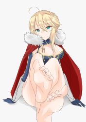 1girl ahoge aqua_eyes arm_support artoria_pendragon_(all) artoria_pendragon_(fate) artoria_pendragon_(lancer)_(fate) bare_legs barefoot blonde_hair braid breasts cape cleavage cleavage_cutout clothing_cutout fate/grand_order fate_(series) feet foot_focus highres kesoshirou looking_at_viewer saber_(fate) sitting sketch soles solo toes yellow_eyes rating:Sensitive score:56 user:danbooru