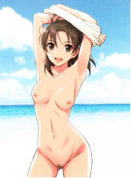  10s 1girl :d absurdres armpits arms_up beach blue_sky breasts breasts_apart brown_eyes brown_hair cloud collarbone female_focus female_pubic_hair fingernails groin hair_between_eyes highres hip_focus kyouno_madoka long_hair long_image looking_at_viewer morisawa_haruyuki navel nipples nude nude_filter ocean open_mouth outdoors poster_(medium) pubic_hair rinne_no_lagrange sky smile solo standing tall_image thigh_gap third-party_edit undressing water  rating:Explicit score:106 user:sac