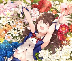 1girl ankimo_(tokino_sora) armpits arms_up blue_choker blue_flower blue_rose blue_skirt breasts brown_hair buttercup_(flower) choker closed_eyes commentary_request cropped_jacket dahlia_(flower) daisy edelweiss_(flower) field flower flower_field flower_request grass hair_ornament hololive kase_(kurimuzone_oruta) laughing leaf lily_(flower) long_hair lying navel on_back open_mouth partial_commentary petals red_ribbon ribbon rose skirt small_breasts solo tokino_sora tokino_sora_(1st_costume) virtual_youtuber wrist_cuffs