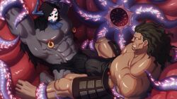  2boys abs absurdres armored_skirt armpits bara bulge bulge_press cape chiefkaine fate/grand_order fate/stay_night fate_(series) glowing glowing_eyes heracles_(fate) highres hood hoodie horns huge_nipples huge_pectorals king_hassan_(fate) male_focus male_underwear manly mask mature_male monster multiple_boys muscular muscular_male nipple_piercing nipples pectorals piercing puffy_nipples tentacles thick_arms thick_thighs thighs underwear veins 
