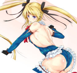 1girl ass back backless_outfit blonde_hair blue_eyes blue_one-piece_swimsuit blue_thighhighs blush breasts dead_or_alive dead_or_alive_5 detached_sleeves female_focus flat_ass frills from_side fujita_kanbe gloves hair_ribbon leotard long_hair looking_back marie_rose one-piece_swimsuit ribbon shiny_skin sideboob small_breasts smile solo swimsuit thighhighs twintails rating:Questionable score:44 user:armorcrystal