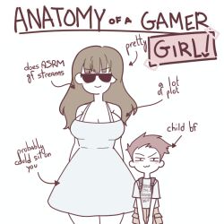  1boy 1girl :3 age_difference aged_down aged_up anatomy_of_a_gamer_(meme) arrow_(symbol) blush_stickers breasts brown_hair brown_shorts child child_gf_(orenji) closed_mouth clothes_writing commentary couple cowboy_shot dress english_commentary english_text gamer_(orenji) glasses height_difference large_breasts long_hair looking_at_viewer meme onee-shota opaque_glasses osugaki parody role_reversal shirt short_hair shorts side-by-side simple_background sleeveless sleeveless_dress smile smug standing straight-on style_parody sunglasses t-shirt tanukinisloose white_background wide_hips  rating:General score:137 user:danbooru