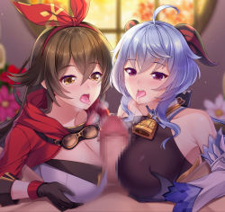  2girls ahoge amber_(genshin_impact) bare_shoulders bell black_gloves blue_gloves blue_hair blurry blush bow breasts breasts_squeezed_together brown_hair censored cleavage cleavage_cutout clothing_cutout cooperative_paizuri depth_of_field detached_sleeves flower ganyu_(genshin_impact) genshin_impact gloves goggles highres horns indoors large_breasts long_hair looking_at_another mosaic_censoring multiple_girls neck_bell nose_blush open_mouth paid_reward_available paizuri paizuri_over_clothes penis pov purple_eyes red_flower saliva saliva_trail sidelocks tongue tongue_out tsukimi_kirara upper_body white_flower white_sleeves window 