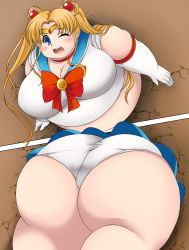 1girl ass bishoujo_senshi_sailor_moon blonde_hair blue_eyes blush breasts fat highres huge_ass kurokaze_no_sora large_breasts long_hair obese one_eye_closed sailor_moon solo stuck thick_thighs thighs through_wall tsukino_usagi twintails very_long_hair wide_hips rating:Questionable score:19 user:leejunne