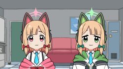  2girls :3 animal_ear_headphones animal_ears arms_at_sides blonde_hair blue_archive blue_necktie blurry blurry_background bow cat_ear_headphones coat coat_partially_removed collared_shirt couch fake_animal_ears green_bow green_eyes green_hood hair_bow headphones highres hood hood_down hooded_coat indoors light_blush locker looking_at_viewer low-tied_sidelocks midori_(blue_archive) momoi_(blue_archive) multiple_girls multiple_hair_bows necktie parody pink_eyes red_bow romance_no_kamisama shirt short_hair siblings side-by-side sisters suspenders tareme upper_body washin white_coat white_shirt whiteboard 