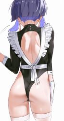  1girl absurdres alternate_costume apron ass ass_focus audio_jack back_cutout black_leotard boku_no_hero_academia breasts center_opening clothing_cutout enmaided from_behind gloves highres jirou_kyouka leotard long_earlobes maid maid_apron purple_eyes purple_hair short_hair simple_background small_breasts solo thighhighs underboob waligner white_apron white_background white_gloves white_thighhighs 