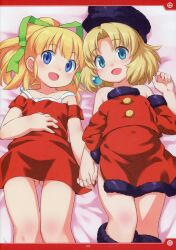  2girls absurdres aqua_eyes artbook bed_sheet blonde_hair blue_eyes dress unworn_dress earrings eyelashes feet_out_of_frame female_focus flat_chest from_above fur_trim gluteal_fold green_ribbon hair_ribbon hand_on_own_stomach hand_up highres holding_hands huge_filesize inou_shin jewelry joints kalinka_cossack_(mega_man) loli long_hair lying medium_hair mega_man_(classic) mega_man_(series) multiple_girls non-web_source nude on_back open_mouth page_number parted_bangs pink_background purple_headwear red_dress red_shirt red_skirt ribbon robot_joints roll_(mega_man) scan shirt sidelocks skirt thighs  rating:Questionable score:58 user:danbooru