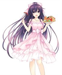  1girl :d bow collarbone date_a_live dress earrings floating_hair food fork hair_between_eyes hair_bow highres holding holding_fork holding_plate jewelry layered_dress long_hair looking_at_viewer necklace off-shoulder_dress off_shoulder official_art open_mouth pink_bow plate ponytail purple_eyes purple_hair short_sleeves simple_background smile solo standing sundress tsunako very_long_hair white_background white_dress yatogami_tooka  rating:Sensitive score:14 user:danbooru