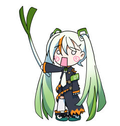  1girl absurdres aosaki_yato armband belt black_jacket blush_stickers chibi commentary creatures_(company) delinquent fighting_miku_(project_voltage) food game_freak gradient_hair green_hair hachune_miku hatsune_miku highres holding holding_food holding_spring_onion holding_vegetable jacket leekspin_(meme) long_hair meme miku_miku_ni_shite_ageru_(vocaloid) multicolored_hair necktie nintendo o_o open_mouth pokemon project_voltage shoes simple_background sneakers spring_onion thighhighs twintails vegetable very_long_hair vocaloid white_background white_hair white_necktie white_thighhighs 