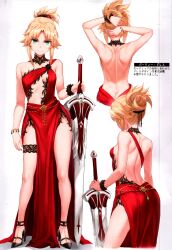  1girl absurdres backless_dress backless_outfit bare_shoulders blonde_hair bracelet breasts closed_mouth dress fate/apocrypha fate/grand_order fate_(series) from_behind full_body green_eyes hair_bun high_heels highres holding jewelry looking_at_viewer mordred_(fate) mordred_(fate/apocrypha) multiple_views red_dress scan sideboob sidelocks simple_background small_breasts smile standing sword thigh_strap thighs tonee upper_body weapon  rating:Sensitive score:53 user:danbooru