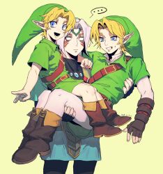 ... 3boys blonde_hair blue_eyes carrying dele14375735 facepaint facial_tattoo fierce_deity fireman&#039;s_carry green_tunic highres leather_belt link multiple_boys nintendo no_pupils phrygian_cap pointy_ears spoken_ellipsis tattoo the_legend_of_zelda the_legend_of_zelda:_majora&#039;s_mask the_legend_of_zelda:_ocarina_of_time white_hair young_link