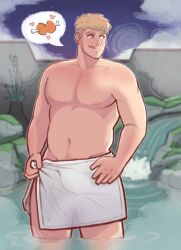 1boy absurdres bara belly blonde_hair dungeon_meshi highres hungry laios_touden large_pectorals looking_to_the_side male_focus muscular muscular_male navel nipples onsen osh_(mochiiros) pectorals short_hair solo sparse_navel_hair standing thick_eyebrows topless_male towel_around_waist wading