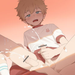 2boys arm_support bandaid bandaid_on_hand bandaid_on_leg bar_censor blue_eyes blush brown_hair censored clothing_aside cum cum_on_body cum_on_male cum_on_self drooling ejaculation erection foreskin gradient_background gym_uniform half-closed_eyes highres looking_at_viewer luye_yuan male_focus male_masturbation masturbation multiple_boys mutual_masturbation open_mouth orgasm original penis phimosis pov projectile_cum reclining red_shorts saliva shade short_hair short_shorts short_sleeves shorts shorts_aside shota socks solo_focus spread_legs testicles yaoi rating:Explicit score:454 user:danbooru