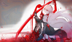  1girl absurdres acheron_(honkai:_star_rail) ahoge armor back bandaged_arm bandages black_choker black_coat black_gloves black_sleeves blood bloody_tears body_markings boots breasts bright_pupils choker closed_mouth coat coattails colored_extremities cowboy_shot crying crying_with_eyes_open expressionless flower from_behind gloves hair_between_eyes hair_ornament highres holding holding_sword holding_weapon honkai:_star_rail honkai_(series) katana large_breasts long_hair long_sword looking_at_viewer midriff_peek official_alternate_color red_eyes red_flower red_hands shoulder_armor single_glove single_thigh_boot single_wide_sleeve solo spider_lily standing sword tears thigh_boots very_long_hair weapon white_hair white_pupils ye_luo_zai_quan 