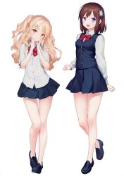  2girls :d absurdres bare_legs black_footwear blonde_hair blue_skirt bow bowtie breasts brown_hair buttons closed_mouth collared_shirt flower full_body gayarou hair_flower hair_ornament hands_on_own_cheeks hands_on_own_face highres loafers long_hair long_sleeves looking_at_viewer medium_breasts miniskirt multiple_girls open_mouth orange_eyes original pleated_skirt purple_eyes red_neckwear scan school_uniform shirt shoes short_hair short_sleeves sidelocks skirt smile standing thighs two_side_up vest wavy_hair white_shirt  rating:Sensitive score:24 user:danbooru