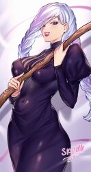  1girl artist_name black_dress black_eyes blush braid breasts covered_navel cowboy_shot dress eyebrows eyelashes female_focus front_braid grin hands_up highres holding holding_staff jujutsu_kaisen large_breasts lips lipstick long_hair long_sleeves looking_at_viewer low-braided_long_hair low-tied_long_hair makeup mei_mei_(jujutsu_kaisen) red_lips simple_background skyrelle smile solo staff standing teeth white_hair 