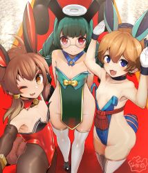  3girls absurdres ass breasts brown_hair cleavage fang feet_out_of_frame female_focus flat_chest glasses green_hair groin highres leotard loincloth loli looking_at_viewer multiple_girls nagachyan one_eye_closed open_mouth pantyhose pelvic_curtain playboy_bunny rabbit_ears shiny_skin small_breasts smile thick_thighs thighhighs thighs upper_body wink 