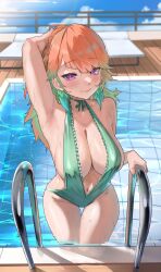  1girl archinoer breasts cleavage earrings feather_earrings feathers gradient_hair green_hair green_one-piece_swimsuit highres hololive hololive_english jewelry large_breasts long_hair multicolored_hair one-piece_swimsuit orange_hair pool purple_eyes smile solo swimsuit takanashi_kiara virtual_youtuber water wet wet_clothes wet_hair wet_swimsuit  rating:Sensitive score:27 user:danbooru