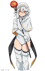  1girl adapted_costume boots cloak covered_navel dated elbow_gloves gloves highres holding holding_staff hood hood_up hooded_cloak leotard looking_at_viewer red_eyes short_hair shy_(character) shy_(series) simple_background solo staff standing takatisakana thigh_boots white_background white_footwear white_gloves white_hair white_leotard 