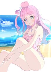  1girl applying_sunscreen beach blue_hair candy_hair_ornament casual_one-piece_swimsuit clothing_cutout cross-laced_clothes cross-laced_cutout day food-themed_hair_ornament gradient_hair green_eyes hair_ornament heterochromia highres himemori_luna hololive knees_up kurusu_rei long_hair looking_at_viewer lotion multicolored_hair ocean octopus one-piece_swimsuit one_side_up pink_hair purple_eyes side_cutout sitting sky smile solo sunscreen swimsuit virtual_youtuber 