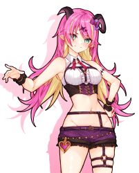  1girl absurdres asymmetrical_horns blonde_hair chest_harness colored_inner_hair demon_girl demon_horns green_eyes groin hair_ornament harness highres hip_bones hololive horns long_hair looking_at_viewer ma_draws mano_aloe midriff multicolored_hair navel pink_hair pointy_ears short_shorts shorts simple_background solo two-tone_hair uneven_horns virtual_youtuber white_background 