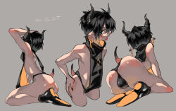  1boy ass black_hair black_horns blush bulge droopy_ears earrings from_behind from_side full_body grey_background hair_between_eyes hand_on_own_ass highres hoop_earrings horns jewelry kneeling male_focus multiple_views original pointy_ears pozon profile revealing_clothes seiza shiny_clothes shiny_skin short_hair shota sitting standing tail trap yellow_eyes 
