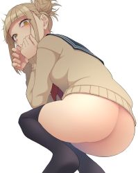 1girl ass blonde_hair blush boku_no_hero_academia bottomless breasts commentary fangs highres kobaji looking_at_viewer looking_back messy_hair neckerchief no_shoes school_uniform smile solo squatting toga_himiko white_background yellow_eyes rating:Questionable score:150 user:danbooru