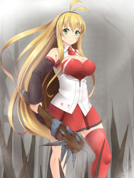  1girl amau_(kosmos) bare_shoulders baseball_bat blonde_hair blood blood_on_clothes blood_on_face bloody_weapon breasts cleavage club_(weapon) covered_erect_nipples dress gradient_background green_eyes headphones kmfdm large_breasts long_hair long_sleeves looking_at_viewer nail nail_bat red_thighhighs shirt single_thighhigh skirt skirt_set smile solo thighhighs tsurumaki_maki very_long_hair vest weapon zettai_ryouiki zipper 