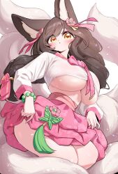  1girl absurdres ahri_(league_of_legends) animal_ear_fluff animal_ears blush bracelet braid braided_ponytail breasts brown_hair curvy facial_mark fox_ears fox_girl fox_tail hair_ornament hanbok highres jewelry kitsune korean_clothes kyuubi large_breasts league_of_legends long_hair looking_at_viewer multiple_tails shiny_skin sidelocks skirt solo tail thick_thighs thighhighs thighs underboob whisker_markings white_hair wide_hips yabby yellow_eyes 