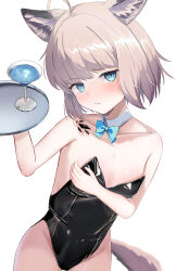  1girl absurdres ahoge animal_ear_fluff animal_ears arknights bare_shoulders black_leotard blue_bow blue_bowtie blush bow bowtie breasts brown_hair brown_tail closed_mouth collarbone commentary_request covered_navel cowboy_shot cup detached_collar drink drinking_glass hand_up head_tilt highleg highleg_leotard highres holding holding_tray leotard looking_at_viewer material_growth matsutake_in oripathy_lesion_(arknights) partial_commentary petite playboy_bunny short_hair simple_background small_breasts solo standing strapless strapless_leotard sussurro_(arknights) tail traditional_bowtie tray white_background 