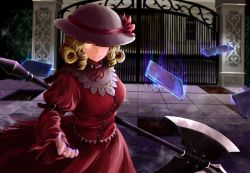  1girl ascot aura bad_id bad_pixiv_id blonde_hair dress drill_hair elly_(touhou) floating floating_object gate hat highres holding kamiya_ueshi long_sleeves looking_at_viewer mansion mugenkan outdoors puffy_sleeves red_dress ribbon scythe short_hair smile solo tile_floor tiles torn_clothes touhou touhou_(pc-98) twin_drills weapon yellow_eyes 