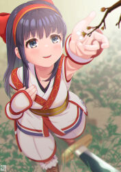 1girl ainu_clothes arm_up armpits artist_name boots breasts fingerless_gloves from_above gloves grey_eyes hair_ribbon hand_on_own_chest highres long_hair medium_breasts nakoruru open_mouth purple_hair ribbon samurai_spirits smile snk solo sword the_king_of_fighters the_king_of_fighters_xv weapon
