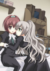 00s 2girls :o aoi_nagisa bed bed_sheet closed_mouth collar formal green_eyes hair_bobbles hair_intakes hair_ornament hairband hanazono_shizuma indoors long_sleeves multiple_girls on_bed parted_lips red_eyes silver_hair sitting smile strawberry_panic! suit yuri rating:Sensitive score:5 user:danbooru