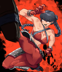  1girl absurdres bandeau bangle black_eyes black_hair bracelet braid breasts cleavage clenched_hand commentary_request constricted_pupils full_body gloves highres jewelry kicking leg_armor long_hair martial_arts medium_bangs medium_breasts odoro_(nicoseiga81184094) open_mouth orange_background original pants red_bandeau red_gloves red_pants shin_guards solo toned_female twin_braids 