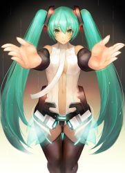  1girl bad_id bad_pixiv_id breasts center_opening detached_sleeves foreshortening green_eyes green_hair hatsune_miku hatsune_miku_(append) highres incoming_hug long_hair matching_hair/eyes navel necktie outstretched_arms reaching reaching_towards_viewer solo thighhighs twintails very_long_hair vocaloid vocaloid_append yaoya_musuko  rating:Sensitive score:16 user:danbooru