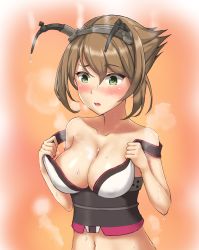 10s 1girl bare_shoulders breasts brown_hair collarbone corset dripping eyebrows green_eyes headgear highres kantai_collection large_breasts monoku mutsu_(kancolle) navel off_shoulder orange_background pulled_by_self short_hair simple_background solo stomach strap_pull strap_slip undressing water_drop wet rating:Questionable score:11 user:danbooru